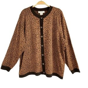 Cathy Daniels Animal Print Cardigan Sweater Women 2X Brown Mobwife Old Money